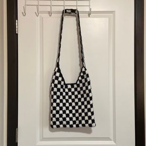 black and white handmade crochet checkered bag